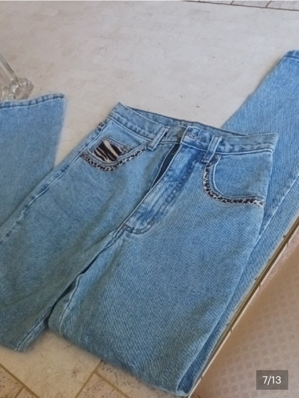 Vintage denim jeans from store Cache.,size 4...animal print faux fur trim,"NEW"